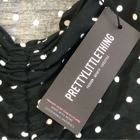 NEW! PRETTYLITTLETHING Women Black Polka Dot Print Long Sleeve Mini Dress Sz 4 - Picture 6 of 14